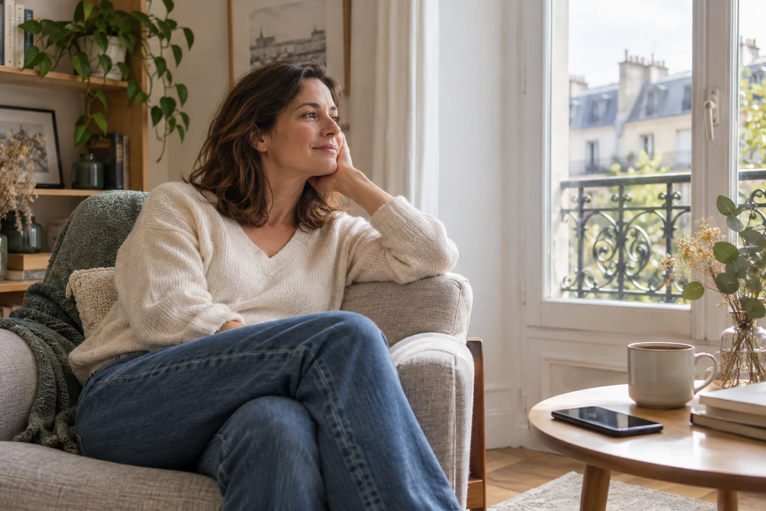 Femme assise sur un fauteuil, regard posé vers la fenêtre, tasse sur table basse