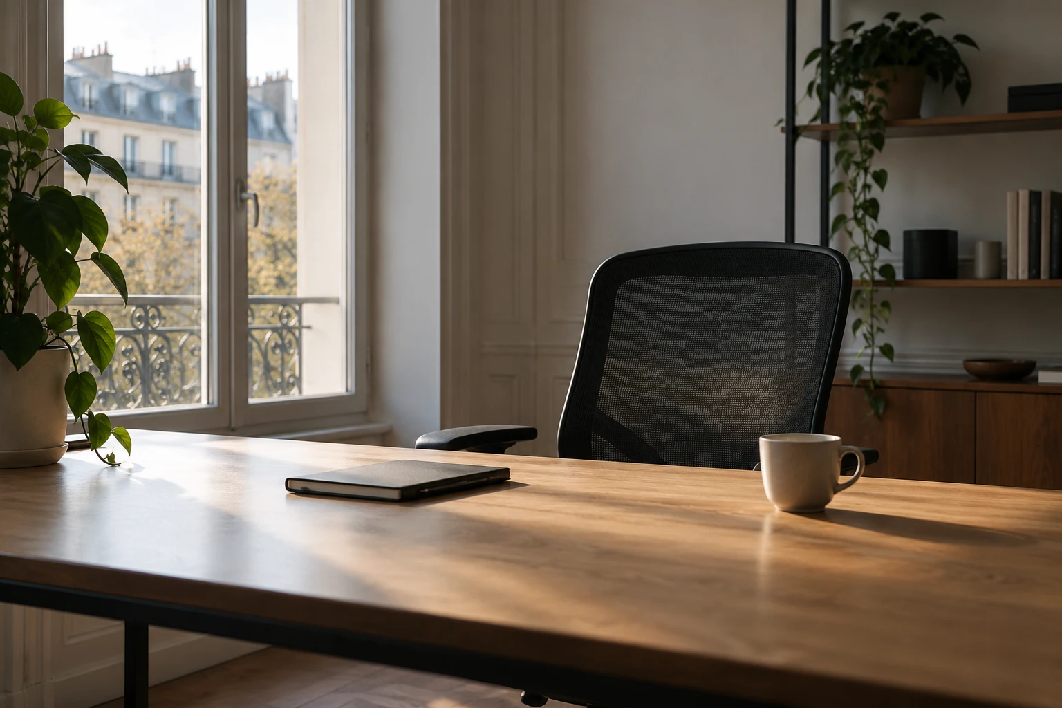 Bureau vide avec chaise ergonomique, carnet fermé et tasse sur plateau en bois