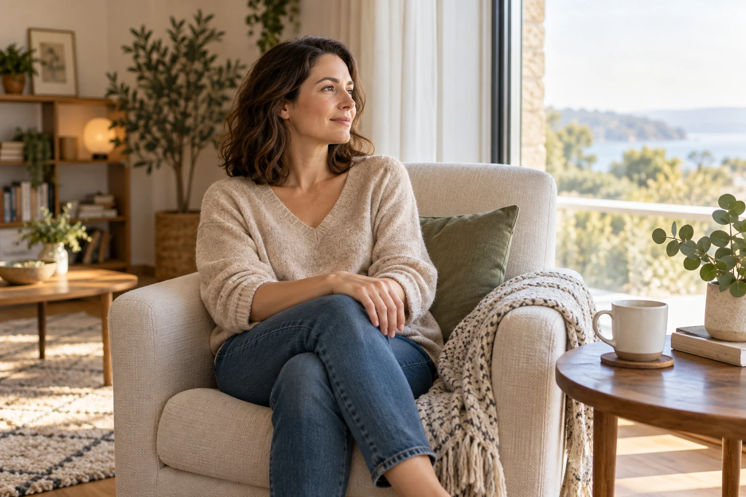 Femme assise dans un fauteuil, regard pensif vers la fenêtre, tasse sur la table