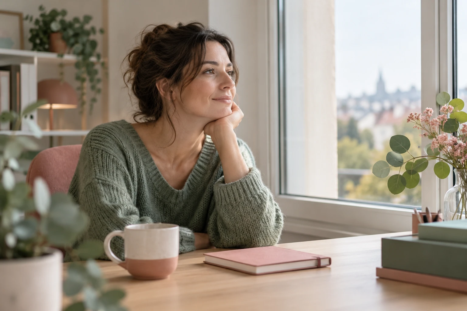 Femme assise au bureau regardant par la fenêtre, tasse et carnet posés devant elle
