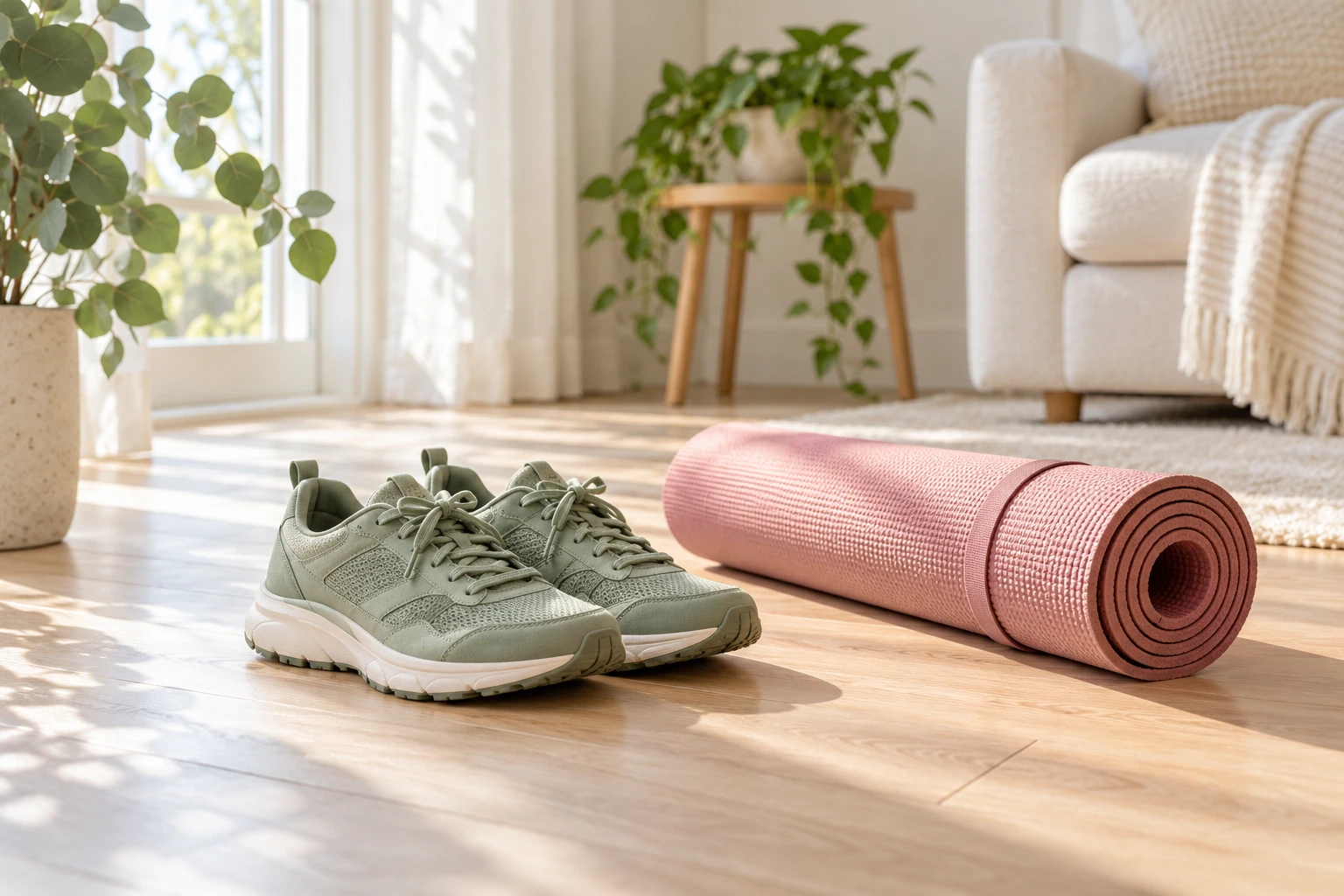 Baskets vertes posées à côté d’un tapis de yoga rose dans un salon ensoleillé