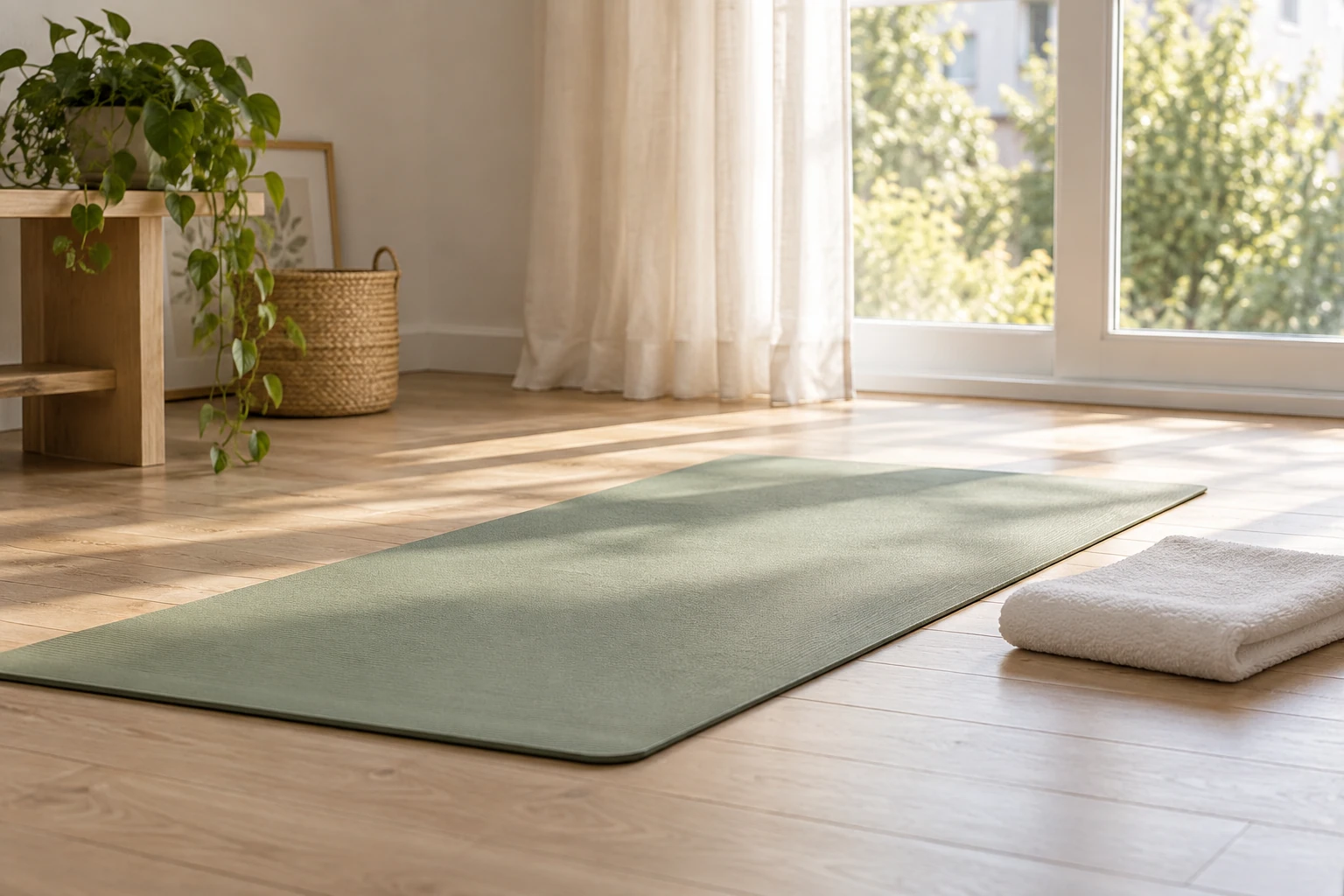 Tapis de yoga vert posé près d'une fenêtre, serviette pliée, lumière matinale