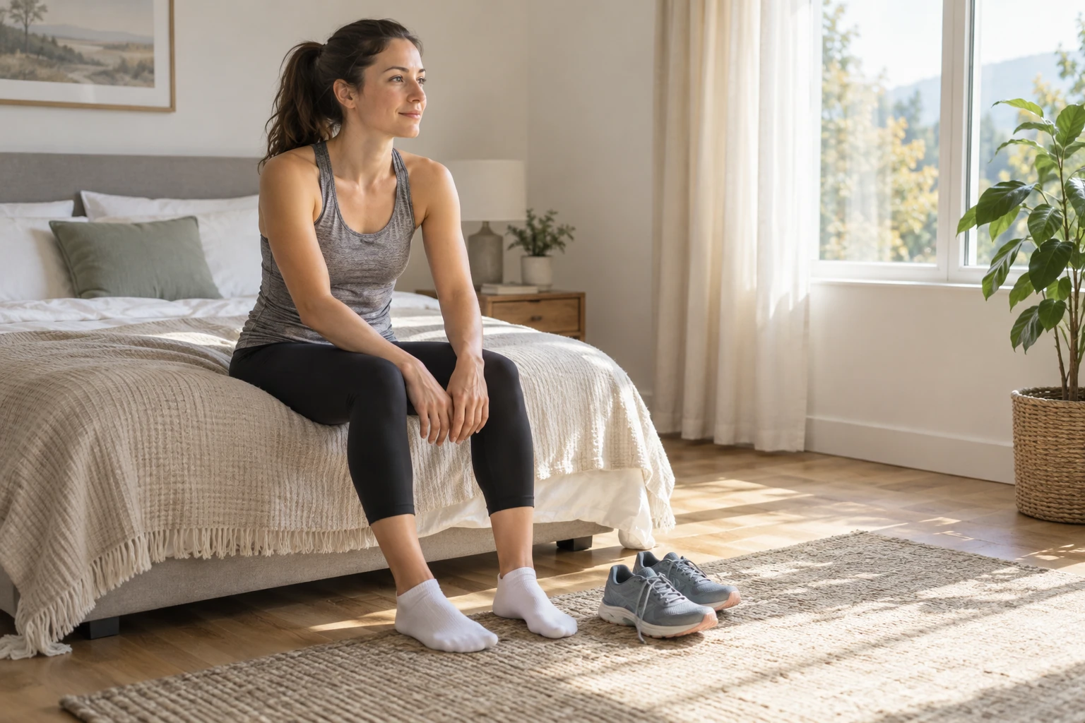 Femme sportive assise sur le lit, regard vers la fenêtre, baskets au sol